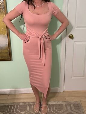 Women’s Ribbed Midi Dress with Waist Tie - Pink